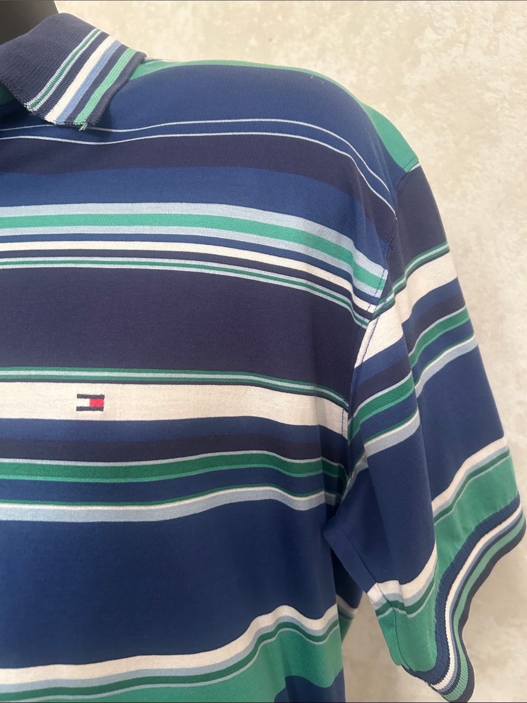 Tommy Hilfiger Navy, Blue, White & Green Striped Polo Shirt Size Large